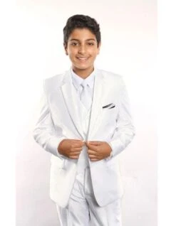 Boy White Suit - Notch Lapel Boy's 5 Piece White Kids Sizes Suit Perfect For Toddler Suit Wedding Attire Outfits Vested W/ White Shirt, Tie & Hanky Stylish