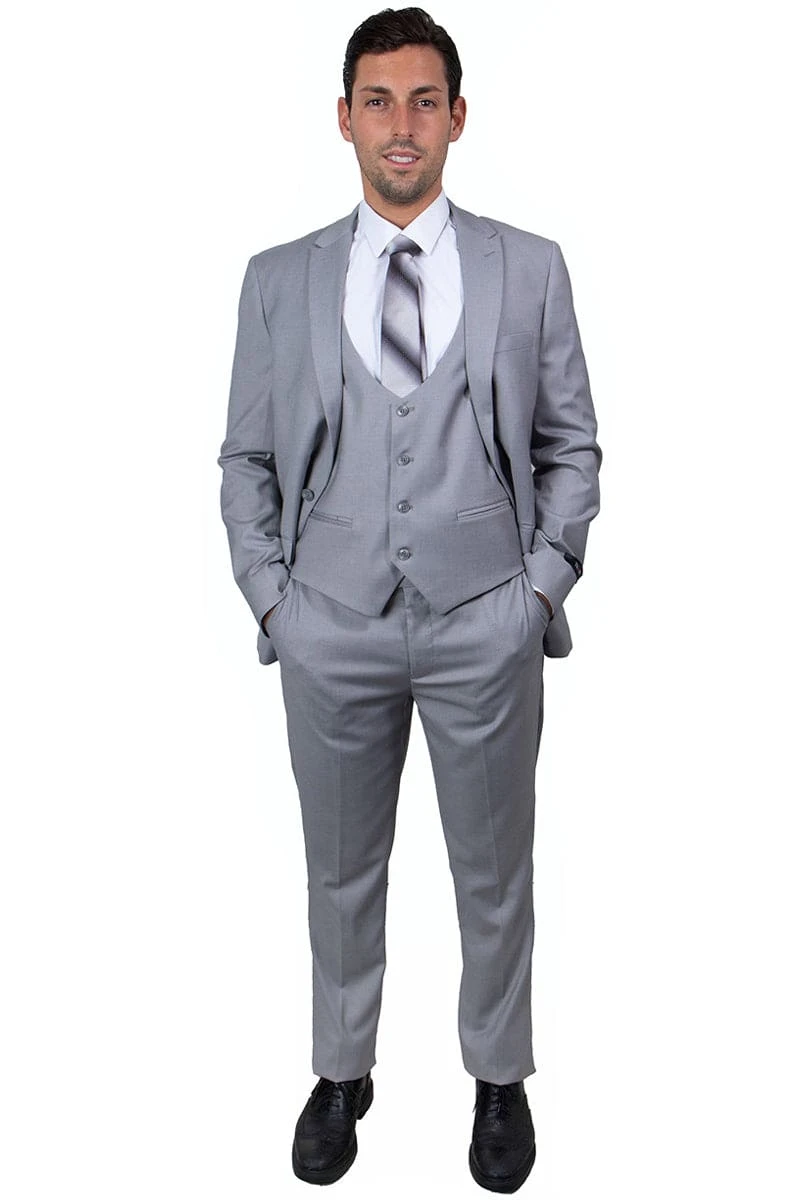 "Men's Skinny Wedding Suit - One Button, Peak Lapel, Lowcut Vest, Light Grey" 2 "Men's Skinny Wedding Suit - One Button, Peak Lapel, Lowcut Vest, Light Grey" - Image 2