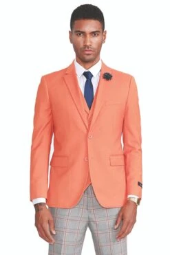 "Orange Men's Summer Suit With Two Button Vest Plaid Pants"