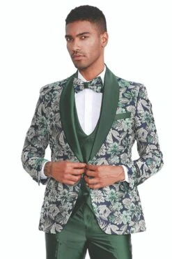 "Men's Slim Fit Paisley Shawl Lapel Tuxedo - One Button Vested Prom 2025 Suit In Hunter Green"