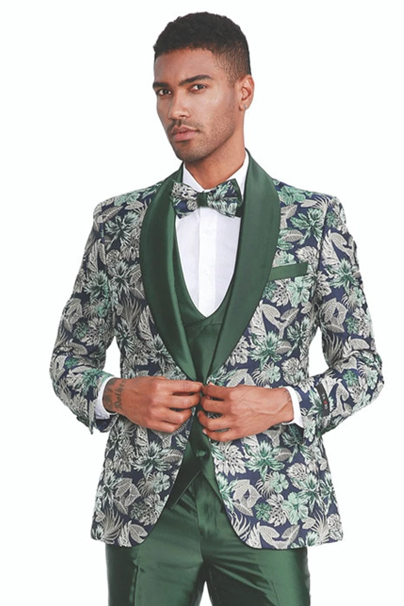 "Men's Slim Fit Paisley Shawl Lapel Tuxedo - One Button Vested Prom 2025 Suit In Hunter Green" 1 "Men's Slim Fit Paisley Shawl Lapel Tuxedo - One Button Vested Prom 2025 Suit In Hunter Green"
