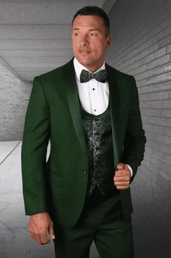 Men's Modern Fit Wedding & Prom Shawl Tuxedo With Matching Paisley Vest Set In Hunter Green