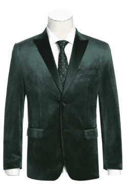 Mens Two Button Peak Lapel Velvet Prom Tuxedo Blazer In Hunter Green