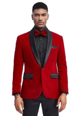 Black And Red Suit Men's Slim Fit Shawl Lapel Velvet Wedding & Prom Tuxedo Jacket In Red