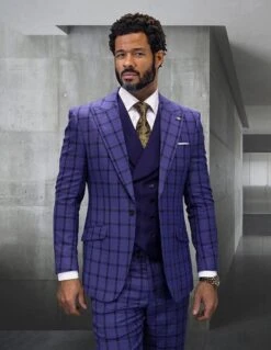 Statement Men's 3 Piece Modern Fit 100% Wool Suit - Plaid With Solid Vest