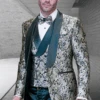 Men's Vested Shiny Paisley Wedding Tuxedo With Double Breasted Vest In Hunter Green