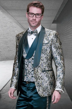 Men's Vested Shiny Paisley Wedding Tuxedo With Double Breasted Vest In Hunter Green