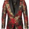 Black And Red Suit Men's Shiny Satin Paisley Prom Tuxedo Jacket In Red & Gold