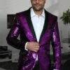 Men's Purple Shiny Sequin Paisley 1 Button Blazer Dinner Jacket Sport Coat Jacket Sharkskin Flashy Stage Available In Peak Lapel