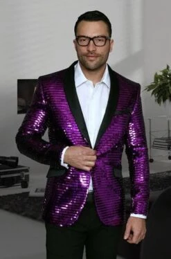 Men's Purple Shiny Sequin Paisley 1 Button Blazer Dinner Jacket Sport Coat Jacket Sharkskin Flashy Stage Available In Peak Lapel