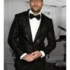 Men's Sharkskin Flashy Stage Shiny Sequin Paisley Blazer Dinner Jacket 1 Button Black Sport Coat Jacket