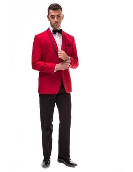 Holiday Suit - Christmas Suit - Christmas Blazer Red And Black Trim Lapel Shawl Tuxedo Suit Jacket & Pants ( Blazer Sport Coat) 1 Holiday Suit - Christmas Suit - Christmas Blazer Red And Black Trim Lapel Shawl Tuxedo Suit Jacket & Pants ( Blazer Sport Coat)
