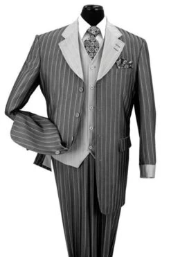 "Black Sharkskin Pinstripe Men's Zoot Suit With Vest - Fashion Closeout"
