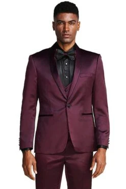 "Burgundy Men's Slim Fit Vested Satin Tuxedo Suit For Prom 2025 & Wedding"