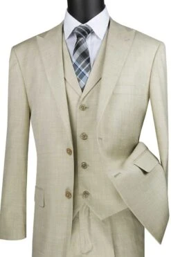 Stretch Fabric - Slim Fit - Mens Vested 2 Button Wide Peak Lapel Textured Summer Suit In Putty -Sand Light Tan Color