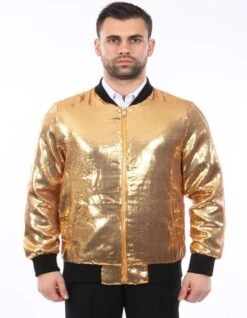 Gold Sequin Bomber Jacket For Men - Shiny Party Wear