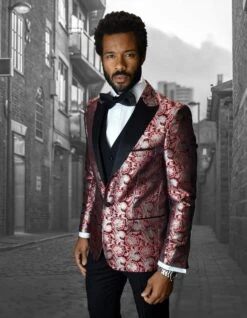 Mens Shiny Flower Pattern Paisley Tuxedo In Red