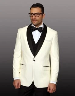 Mens 1 Button Shawl Lapel Wool Dinner Jacket In Ivory AndBlack