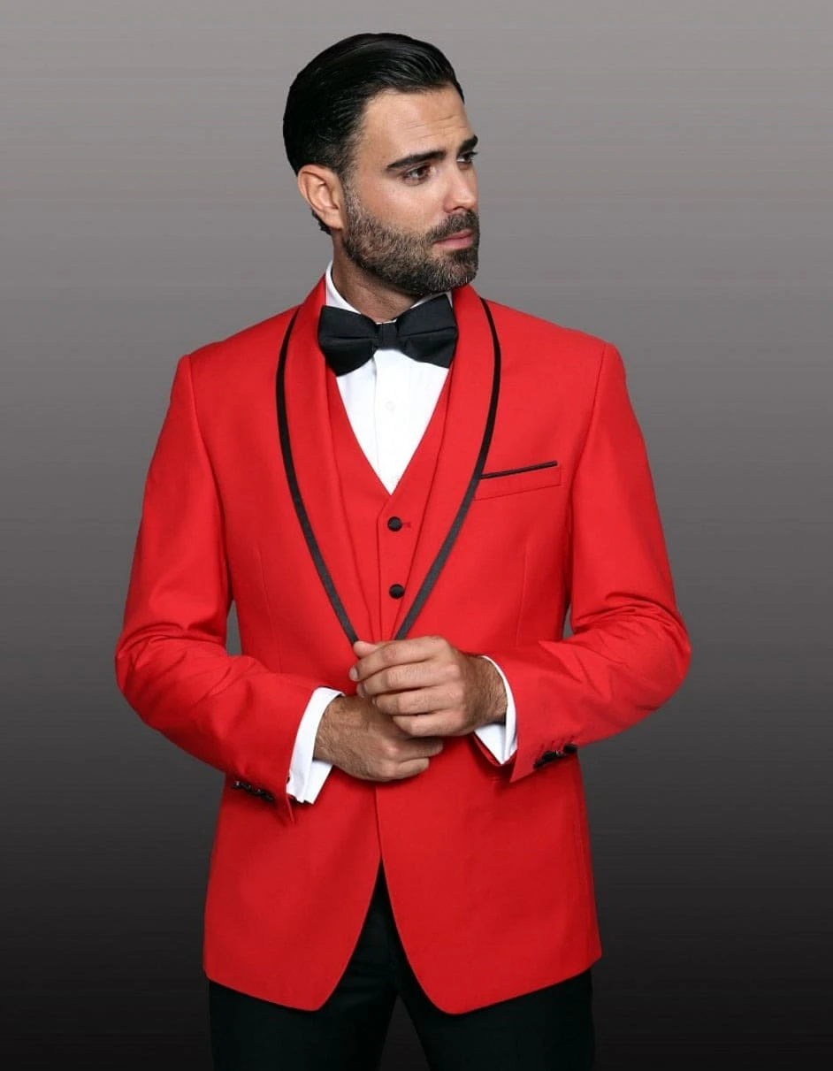 Mens One Button Satin Trim Shawl Tuxedo In Red & Black 1 Mens One Button Satin Trim Shawl Tuxedo In Red & Black