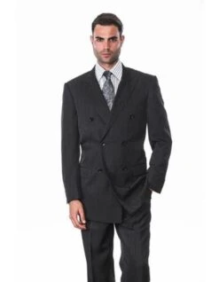 Double Breasted Pinstripe Suit - Men's Alberto Nardoni Double Breasted Suits Black Shadow Stripe Ton One Tone Conservative Pinstripe Side Vents Suit