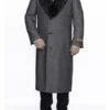 Mens Overcoat -Mens Long Wool Topcoats- Topcoat For Men-Mens Topcoat Mens Dress Coat Removable Fur Collar Full Length Wool Herringbone Grey Top Coat ~ Overcoat