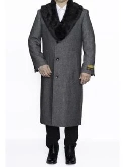 Mens Overcoat -Mens Long Wool Topcoats- Topcoat For Men-Mens Topcoat Mens Dress Coat Removable Fur Collar Full Length Wool Herringbone Grey Top Coat ~ Overcoat