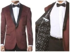 Velour Men's BlazerJacket Velvet Shawl Collar Dinner Smoking , Slim Fit Burgundy ~ Wine ~ Maroon