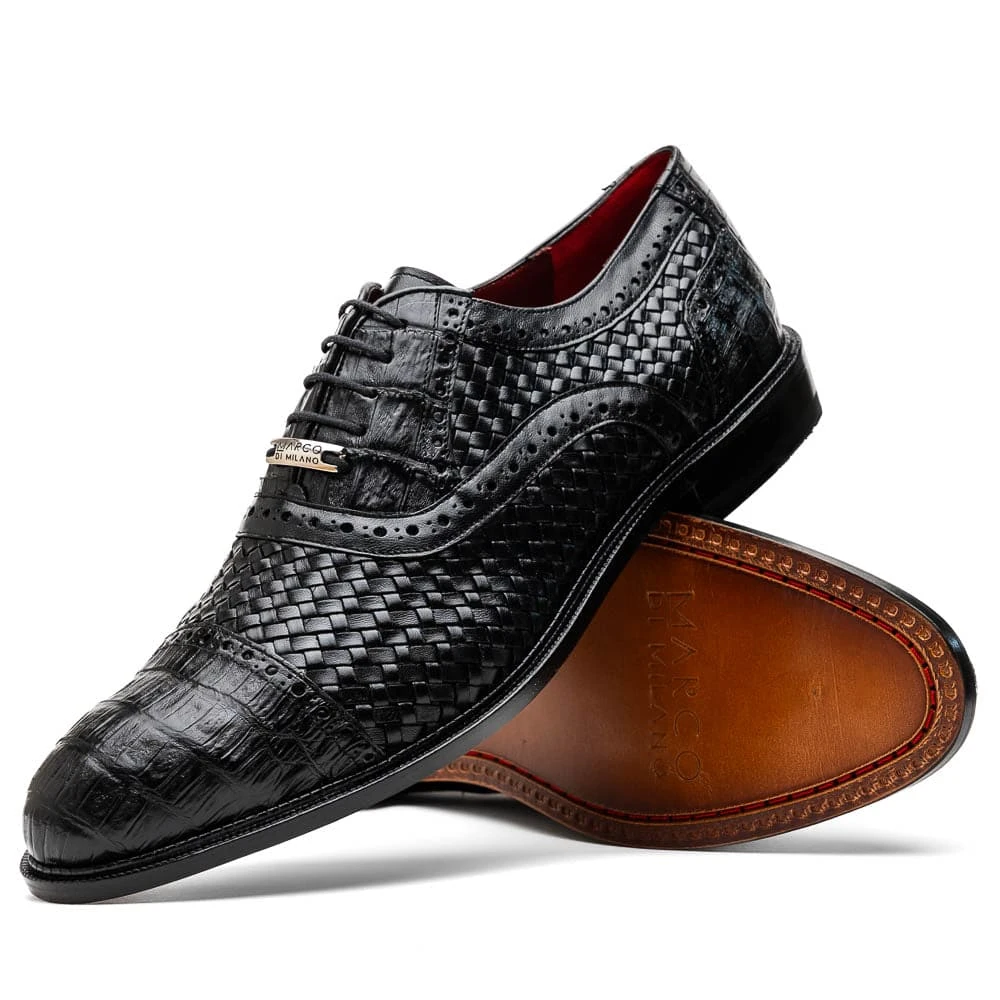 Marco Di Milano John Black Shoes Exotic Caiman Crocodile / Woven Leather Dress Oxfords 2 Marco Di Milano John Black Shoes Exotic Caiman Crocodile / Woven Leather Dress Oxfords - Image 2