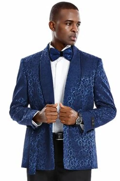 Navy Blue Paisley Men's Slim Fit Double Breasted Tuxedo Smoking Jacket For Prom 2025 & Wedding