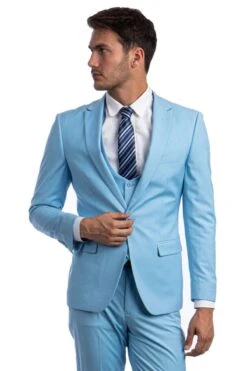 "Sky Blue Men's Skinny Wedding & Prom 2025 Suit - One Button Peak Lapel With Lowcut Vest"