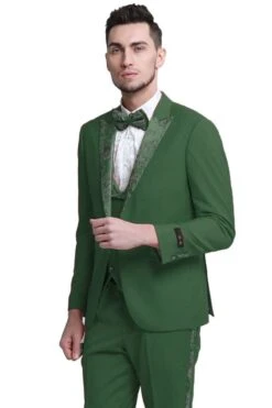"Men's Hunter Green Prom 2025 & Wedding Tuxedo - One Button Vested With Floral Peak Lapel"