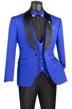 Royal Blue Men's Slim Fit Paisley Wedding Tuxedo With Vest