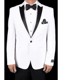 Men's White Super 150'S Viscose Blend 1 Button Tuxedo Solid Pattern Slim Fit Dinner Jacket