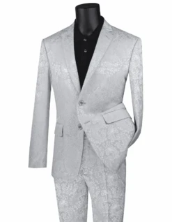 Mens 2 Button Slim Fit Paisley Prom Suit In Silver