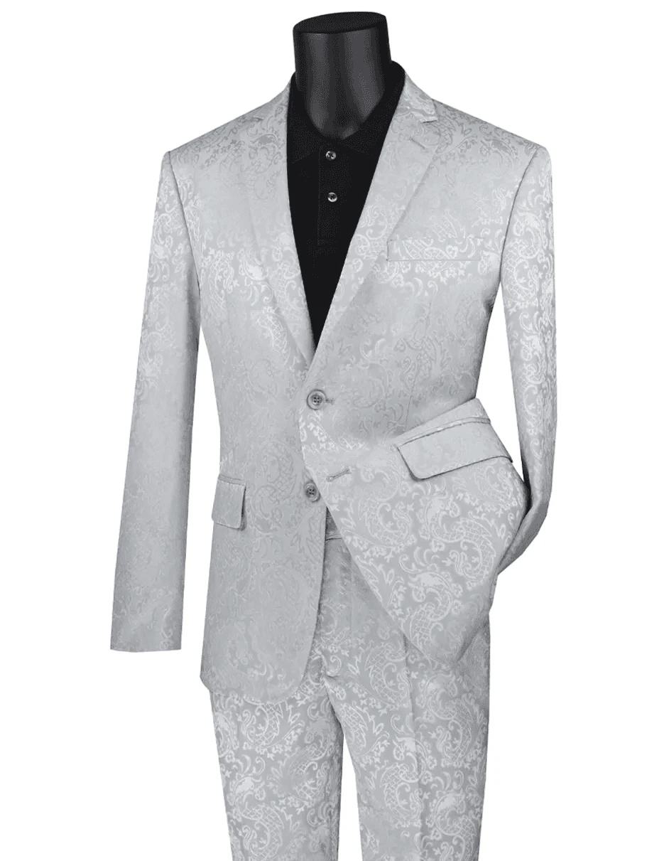 Mens 2 Button Slim Fit Paisley Prom Suit In Silver 1 Mens 2 Button Slim Fit Paisley Prom Suit In Silver
