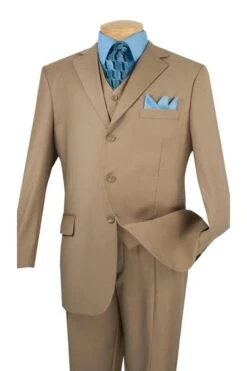 Mens Classic 3 Button Vested Dress Suit In Beige