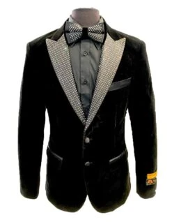 Mens Designer Velvet Dinner Jacket Black With Silver Diamond Lapel Tuxedo