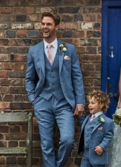 Mens Light Blue Tweed Suit - Groom Tweed Wedding Suit