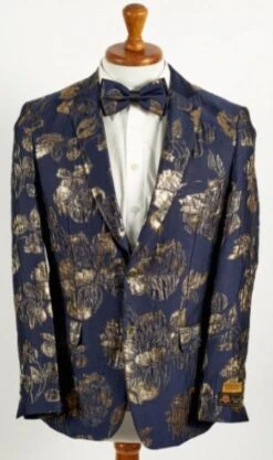 Mens Navy Blue And Gold 2 Button Foil Floral Paisley Prom And Wedding Blazer -Alberto Nardoni Shop mens navy blue and gold 2 button foil floral paisley prom and wedding blazer