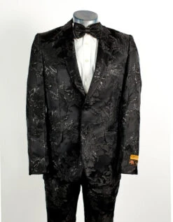 Mens Prom Tuxedo Suit Black Shiny Floral Prom Suit