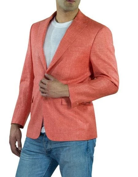 Mens Summer Blazer - Alberto Nardoni Brand Men's One Ticket Pocket Salmon ~ Coral Color Thread & Stitch 100% Linen Blazer 1 Mens Summer Blazer - Alberto Nardoni Brand Men's One Ticket Pocket Salmon ~ Coral Color Thread & Stitch 100% Linen Blazer