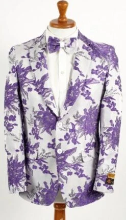 Mens White And Lavender Purple 2 Button Floral Paisley Prom And Wedding Blazer