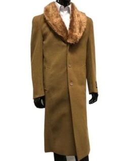 Mens Wool And Overcoat With Fur Collar Camel