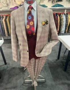 Men's Light Brown Plaid Suit With Burgundy Vest And Colorful Floral Tie – 3 Piece Set - Taupe Windowpane Pattern -Alberto Nardoni Shop original 6