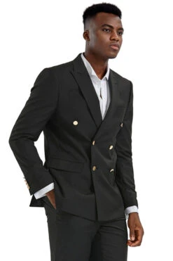"Black Men's Slim Fit Wedding Suit - Double Breasted With Gold Buttons"