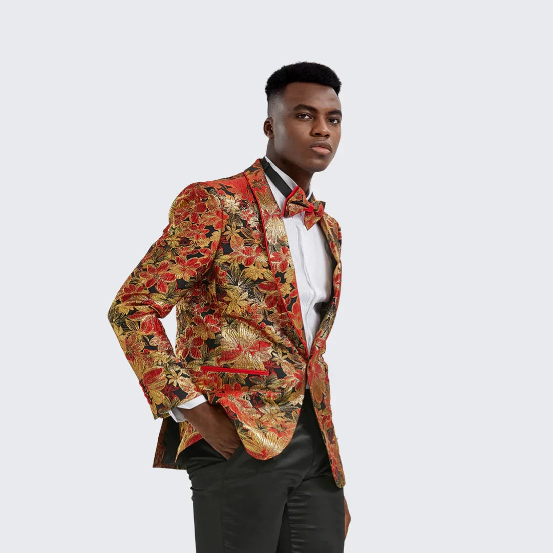Red & Gold Floral Tuxedo Jacket Slim Fit 1 Red & Gold Floral Tuxedo Jacket Slim Fit