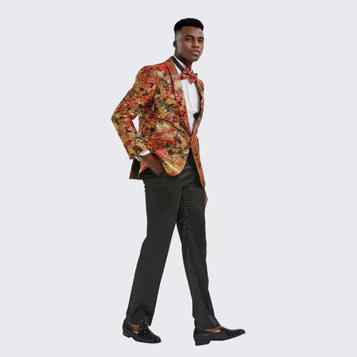 Red & Gold Floral Tuxedo Jacket Slim Fit 3 Red & Gold Floral Tuxedo Jacket Slim Fit - Image 3