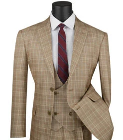 Regular Fit Camel Glen Plaid Three-Piece Suit