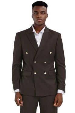 Brown Double Breasted Men's Slim Fit Wedding Suit With Gold Buttons
