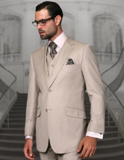 Tan Groomsmen Suits Mens 2 Button Modern Fit Vested Wool Suit In Sand